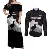 New Zealand South Island Football Custom Couples Matching Off Shoulder Maxi Dress and Long Sleeve Button Shirt Aoraki Mount Cook With Kiwi Maori Pattern LT14 Black - Polynesian Pride
