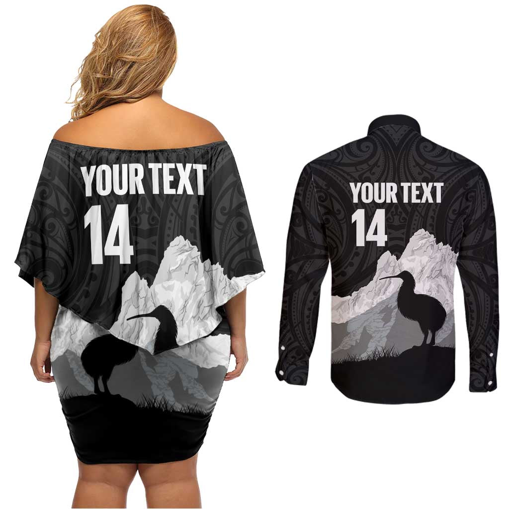New Zealand South Island Football Custom Couples Matching Off Shoulder Short Dress and Long Sleeve Button Shirt Aoraki Mount Cook With Kiwi Maori Pattern LT14 - Polynesian Pride