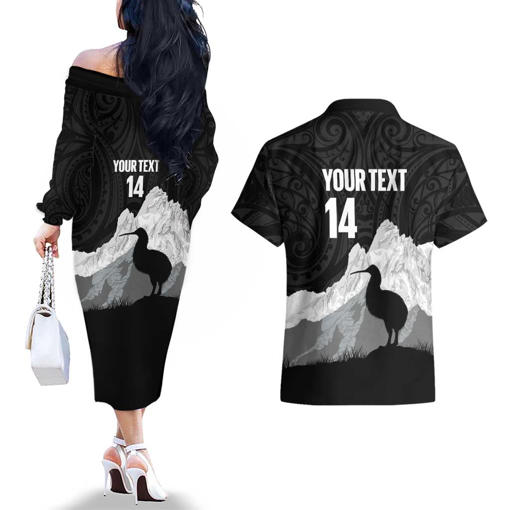New Zealand South Island Football Custom Couples Matching Off The Shoulder Long Sleeve Dress and Hawaiian Shirt Aoraki Mount Cook With Kiwi Maori Pattern LT14 - Polynesian Pride