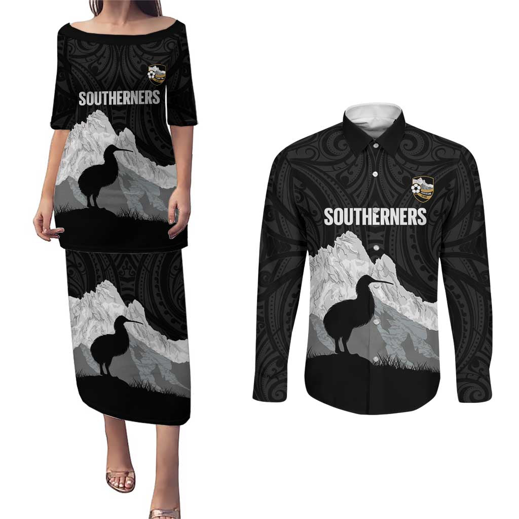 New Zealand South Island Football Custom Couples Matching Puletasi and Long Sleeve Button Shirt Aoraki Mount Cook With Kiwi Maori Pattern LT14 Black - Polynesian Pride