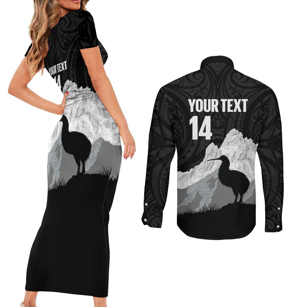 New Zealand South Island Football Custom Couples Matching Short Sleeve Bodycon Dress and Long Sleeve Button Shirt Aoraki Mount Cook With Kiwi Maori Pattern LT14 - Polynesian Pride
