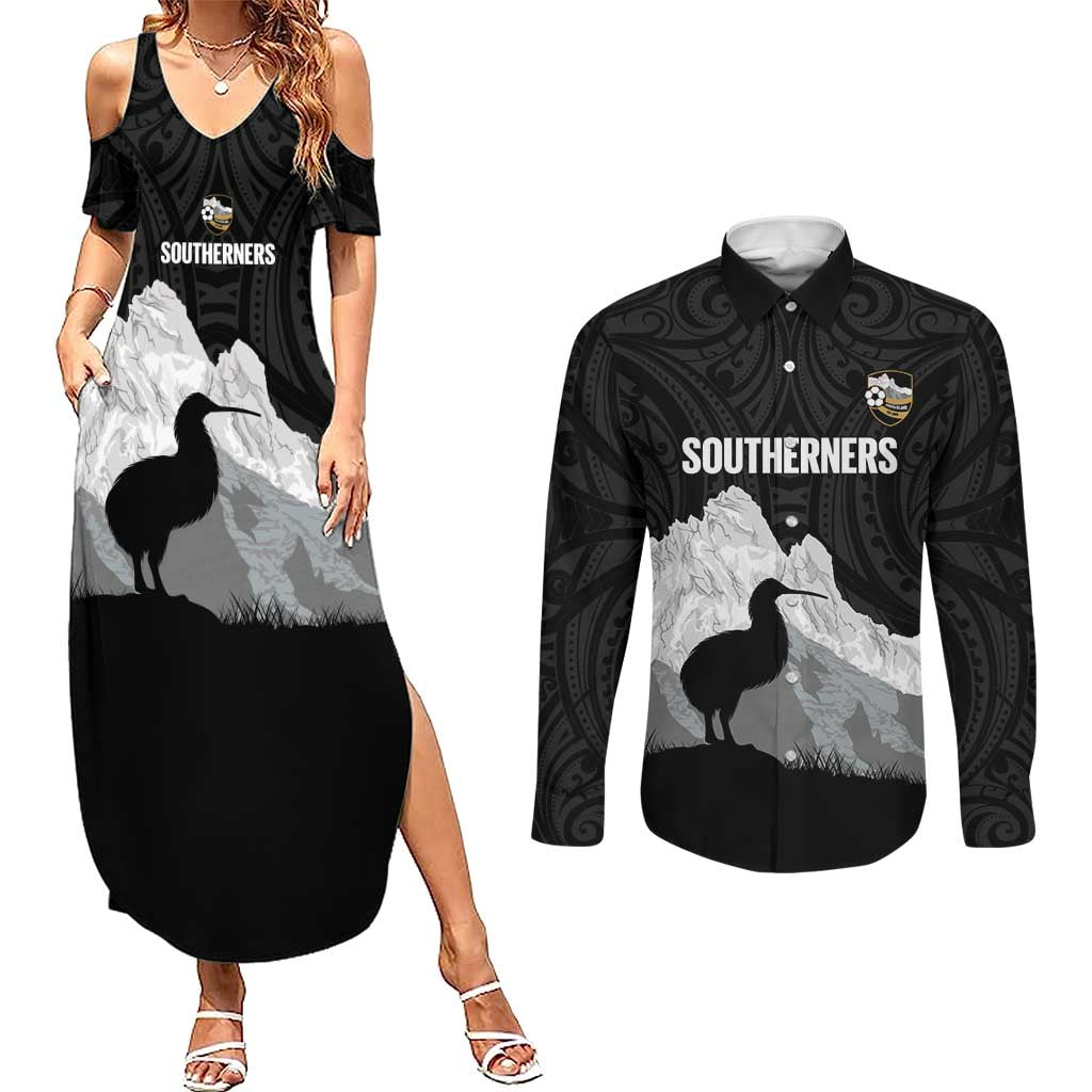 New Zealand South Island Football Custom Couples Matching Summer Maxi Dress and Long Sleeve Button Shirt Aoraki Mount Cook With Kiwi Maori Pattern LT14 Black - Polynesian Pride