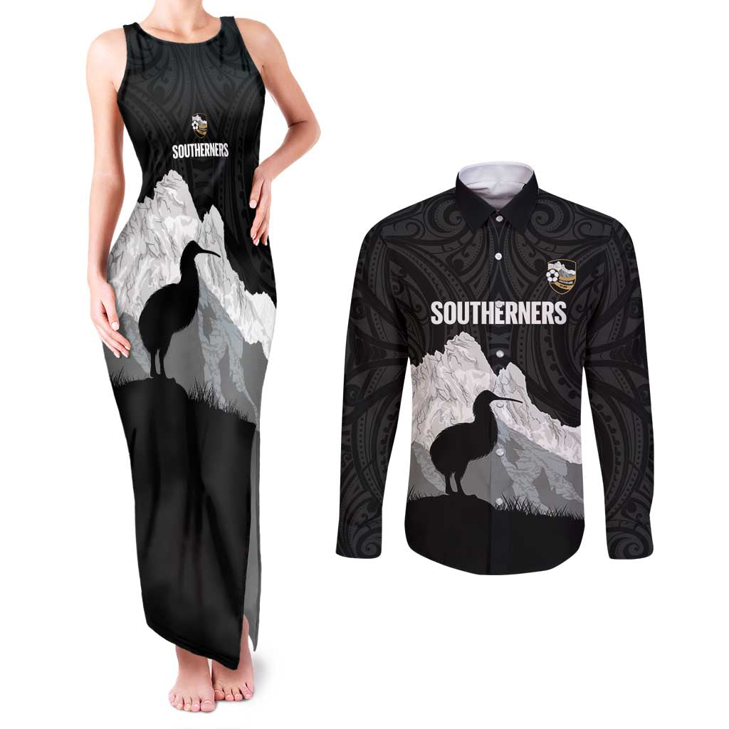 New Zealand South Island Football Custom Couples Matching Tank Maxi Dress and Long Sleeve Button Shirt Aoraki Mount Cook With Kiwi Maori Pattern LT14 Black - Polynesian Pride