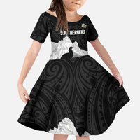 New Zealand South Island Football Custom Family Matching Long Sleeve Bodycon Dress and Hawaiian Shirt Aoraki Mount Cook With Kiwi Maori Pattern LT14 Daughter's Dress Black - Polynesian Pride