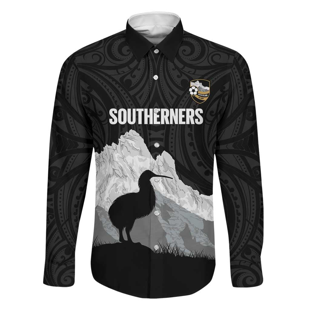 New Zealand South Island Football Custom Family Matching Mermaid Dress and Hawaiian Shirt Aoraki Mount Cook With Kiwi Maori Pattern LT14 Dad's Shirt - Long Sleeve Black - Polynesian Pride