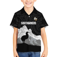 New Zealand South Island Football Custom Family Matching Off The Shoulder Long Sleeve Dress and Hawaiian Shirt Aoraki Mount Cook With Kiwi Maori Pattern LT14 Son's Shirt Black - Polynesian Pride