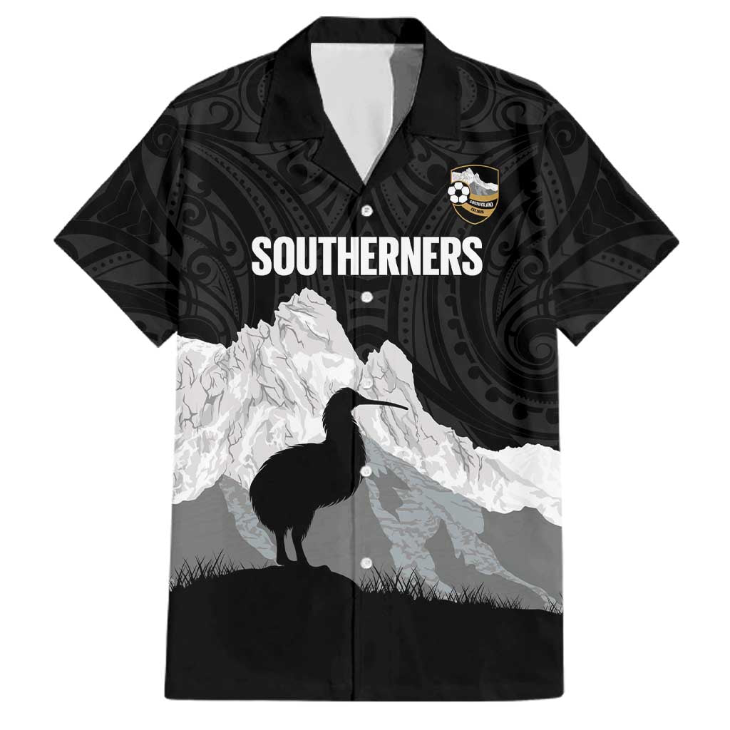 New Zealand South Island Football Custom Family Matching Off Shoulder Short Dress and Hawaiian Shirt Aoraki Mount Cook With Kiwi Maori Pattern LT14 Dad's Shirt - Short Sleeve Black - Polynesian Pride