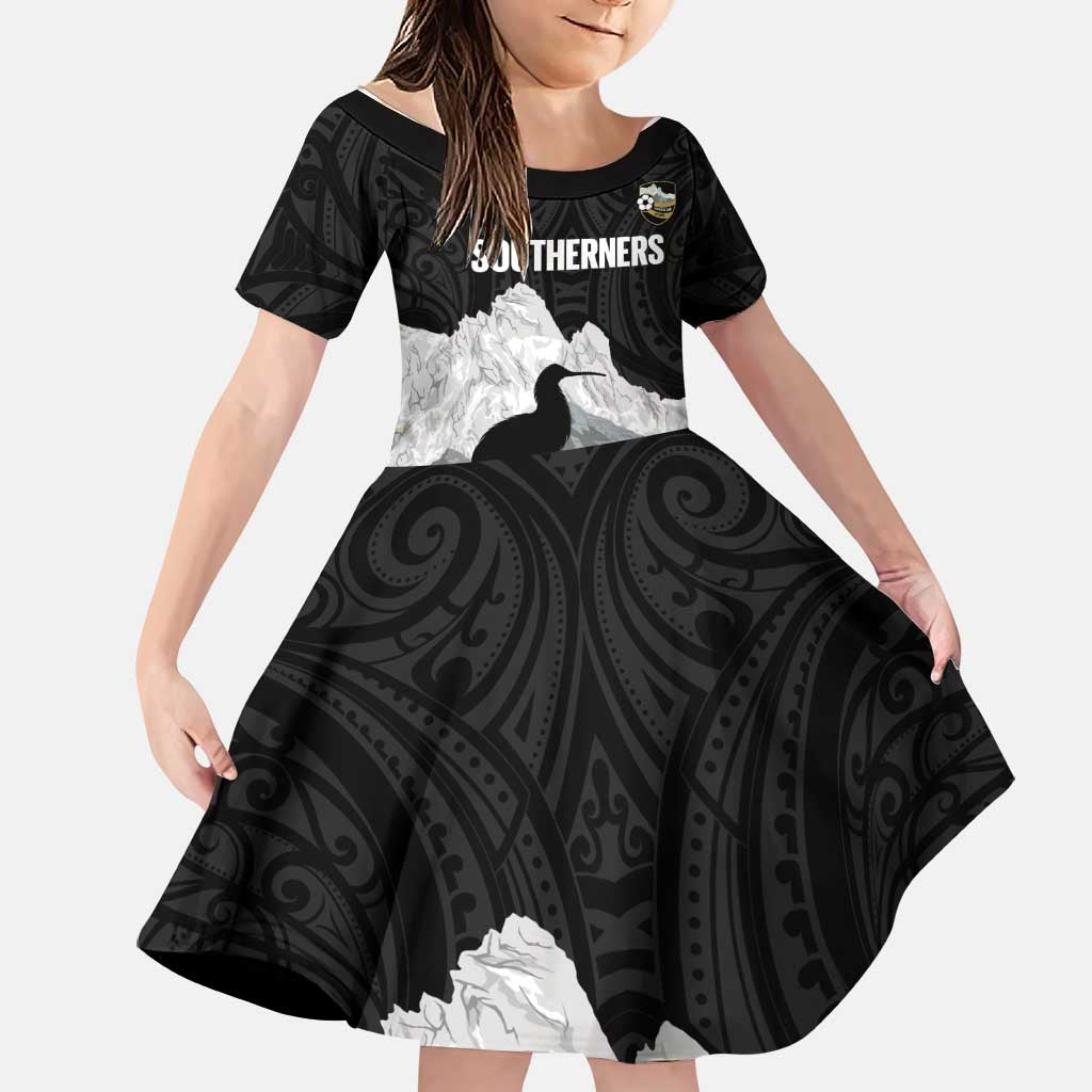 New Zealand South Island Football Custom Family Matching Tank Maxi Dress and Hawaiian Shirt Aoraki Mount Cook With Kiwi Maori Pattern LT14 Daughter's Dress Black - Polynesian Pride