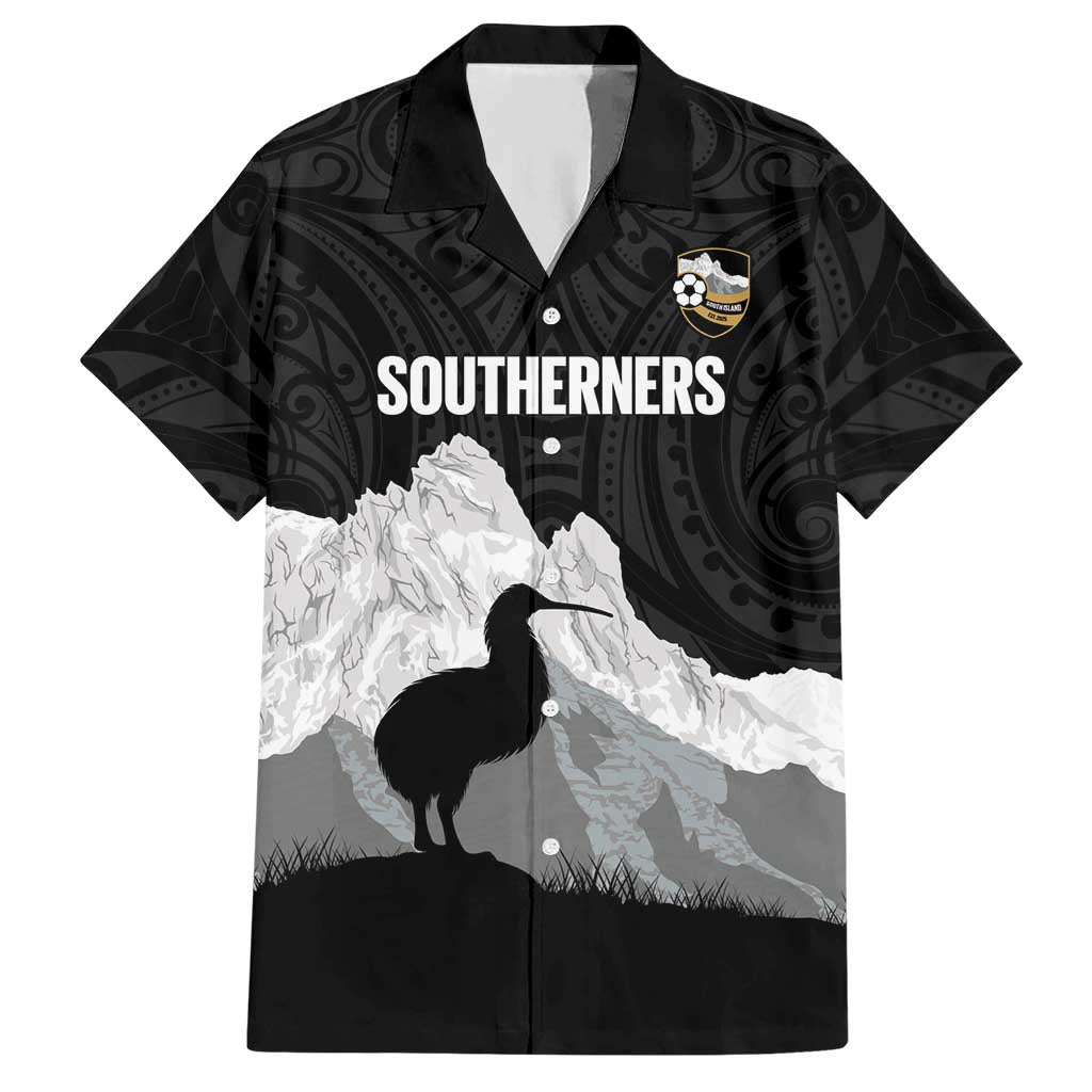 New Zealand South Island Football Custom Hawaiian Shirt Aoraki Mount Cook With Kiwi Maori Pattern LT14 Black - Polynesian Pride