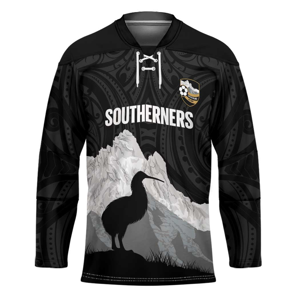New Zealand South Island Football Custom Hockey Jersey Aoraki Mount Cook With Kiwi Maori Pattern LT14 Unisex Black - Polynesian Pride