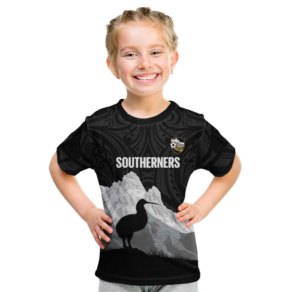 New Zealand South Island Football Custom Kid T Shirt Aoraki Mount Cook With Kiwi Maori Pattern LT14 Black - Polynesian Pride