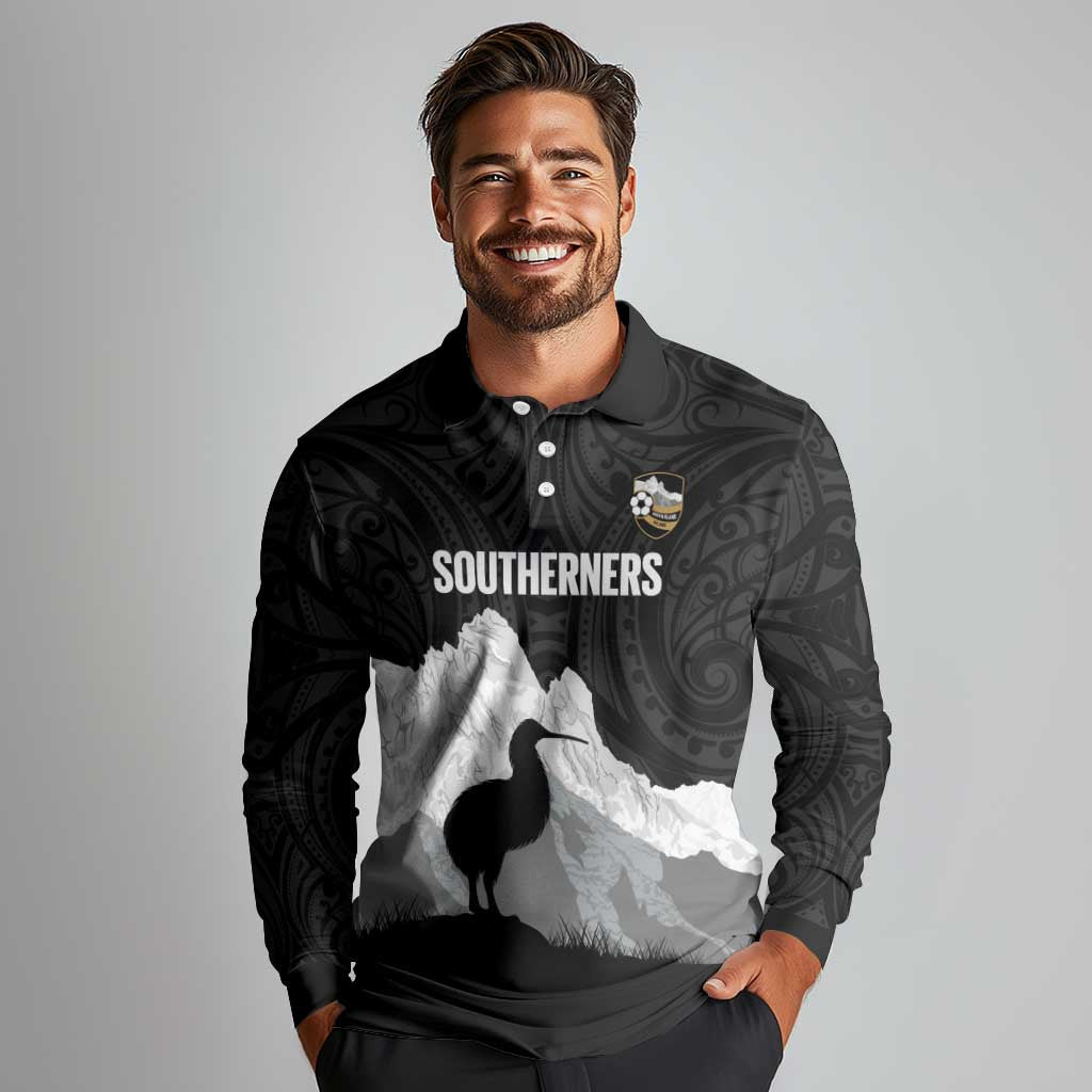New Zealand South Island Football Custom Long Sleeve Polo Shirt Aoraki Mount Cook With Kiwi Maori Pattern LT14 - Polynesian Pride