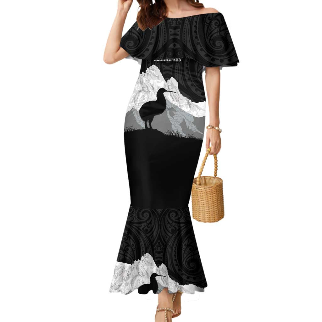New Zealand South Island Football Custom Mermaid Dress Aoraki Mount Cook With Kiwi Maori Pattern LT14 Women Black - Polynesian Pride