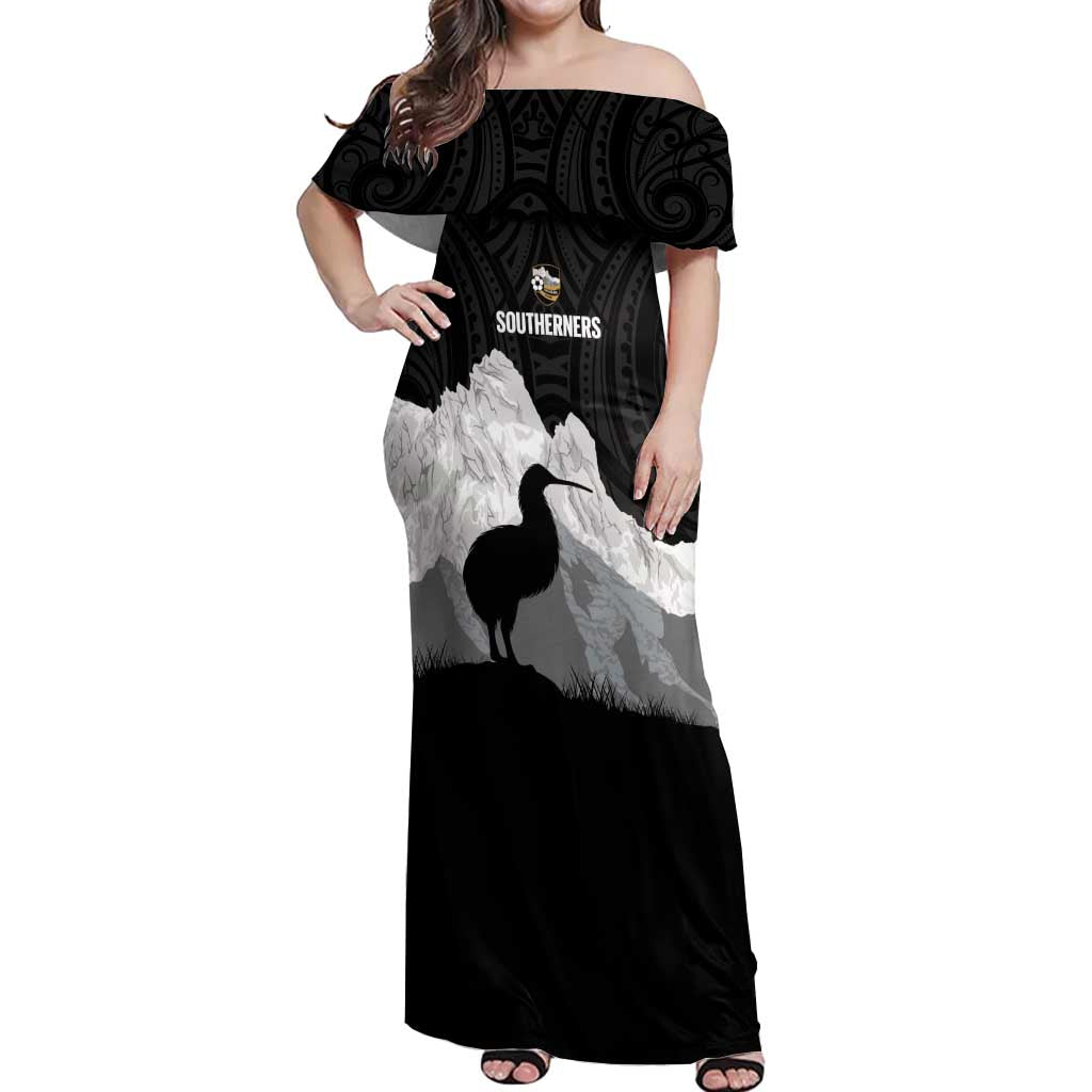New Zealand South Island Football Custom Off Shoulder Maxi Dress Aoraki Mount Cook With Kiwi Maori Pattern LT14 Women Black - Polynesian Pride