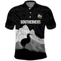 New Zealand South Island Football Custom Polo Shirt Aoraki Mount Cook With Kiwi Maori Pattern LT14 Black - Polynesian Pride
