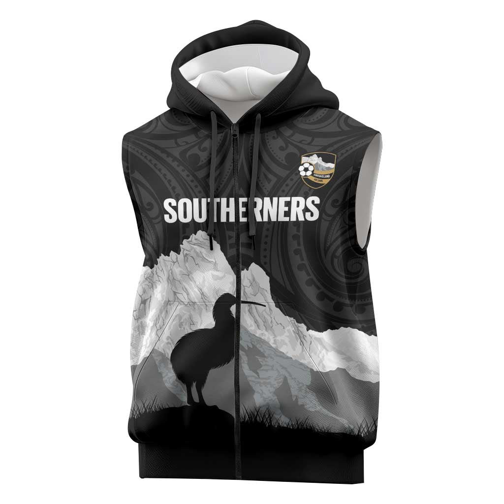 New Zealand South Island Football Custom Sleeveless Zip Hoodie Aoraki Mount Cook With Kiwi Maori Pattern LT14 Black - Polynesian Pride
