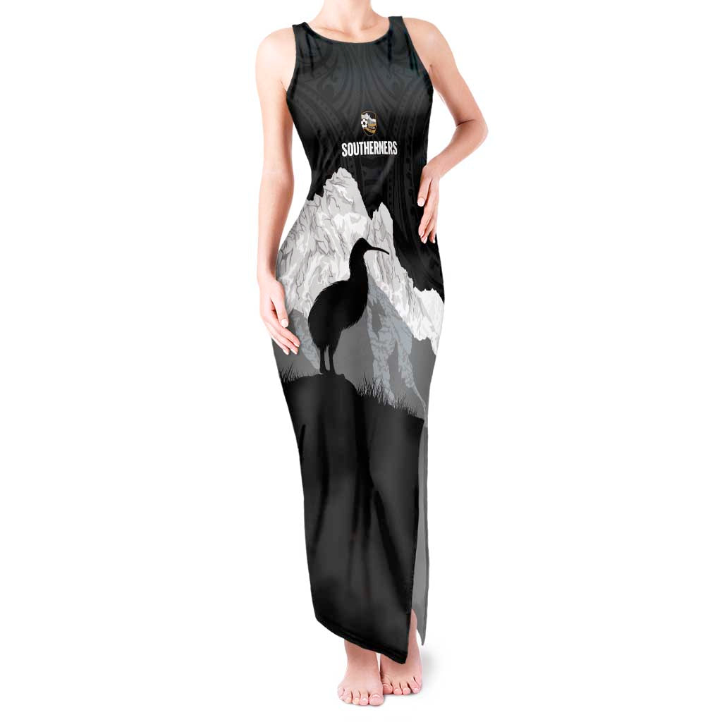 New Zealand South Island Football Custom Tank Maxi Dress Aoraki Mount Cook With Kiwi Maori Pattern LT14 Women Black - Polynesian Pride