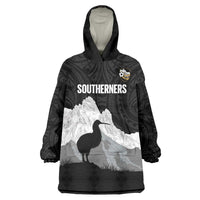 New Zealand South Island Football Custom Wearable Blanket Hoodie Aoraki Mount Cook With Kiwi Maori Pattern LT14 One Size Black - Polynesian Pride