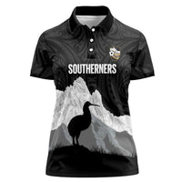 New Zealand South Island Football Custom Women Polo Shirt Aoraki Mount Cook With Kiwi Maori Pattern LT14 Female Black - Polynesian Pride