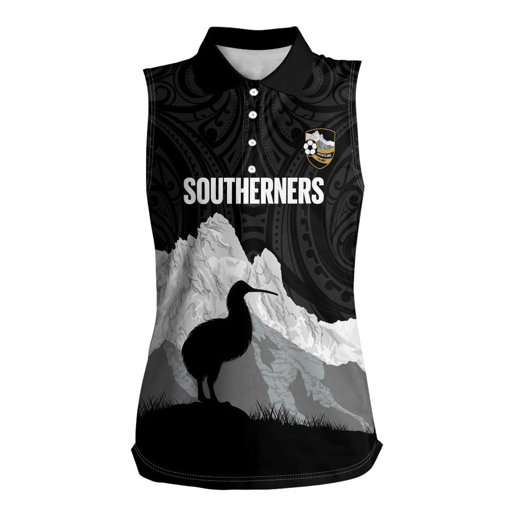 New Zealand South Island Football Custom Women Sleeveless Polo Shirt Aoraki Mount Cook With Kiwi Maori Pattern LT14 Female Black - Polynesian Pride