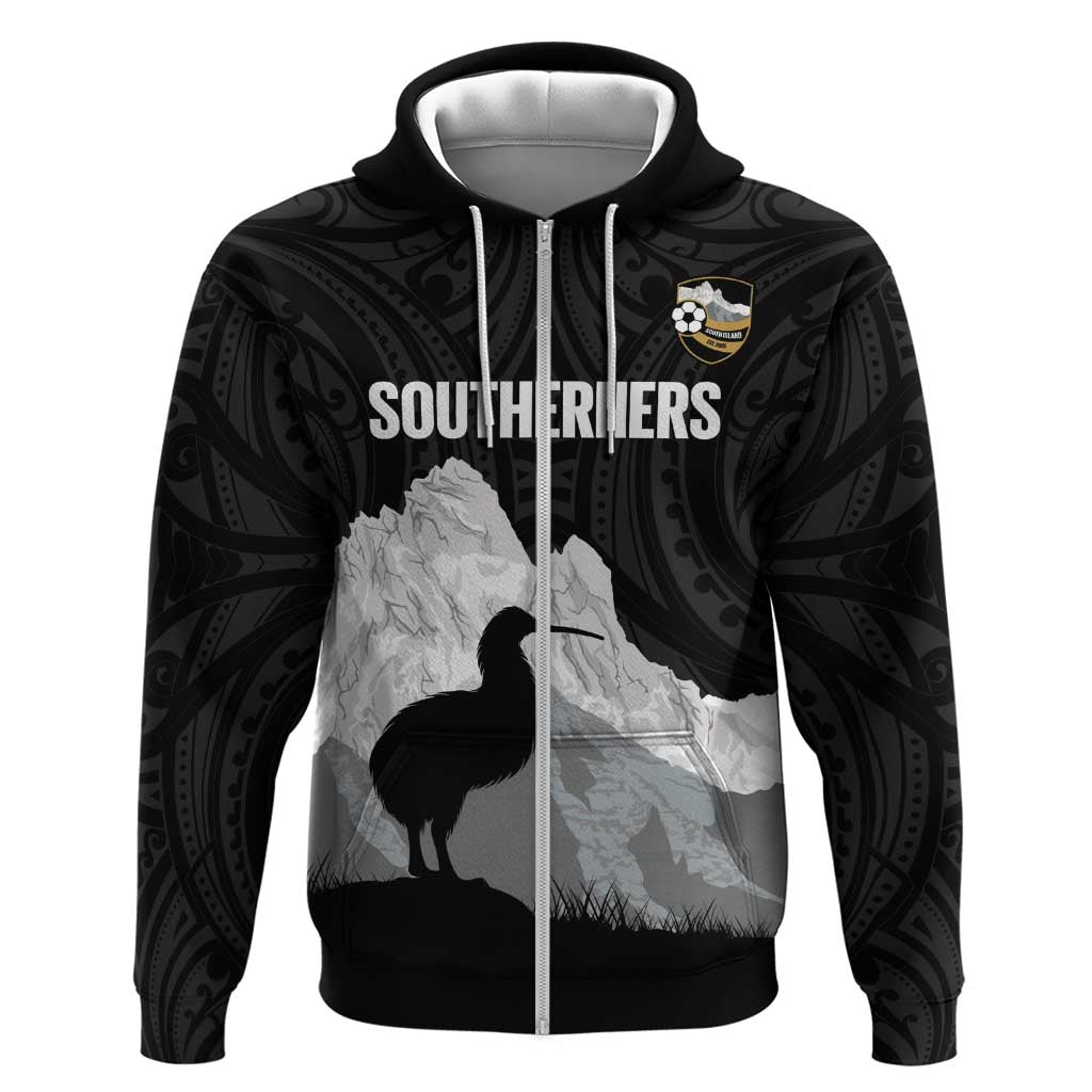 New Zealand South Island Football Custom Zip Hoodie Aoraki Mount Cook With Kiwi Maori Pattern LT14 Zip Hoodie Black - Polynesian Pride