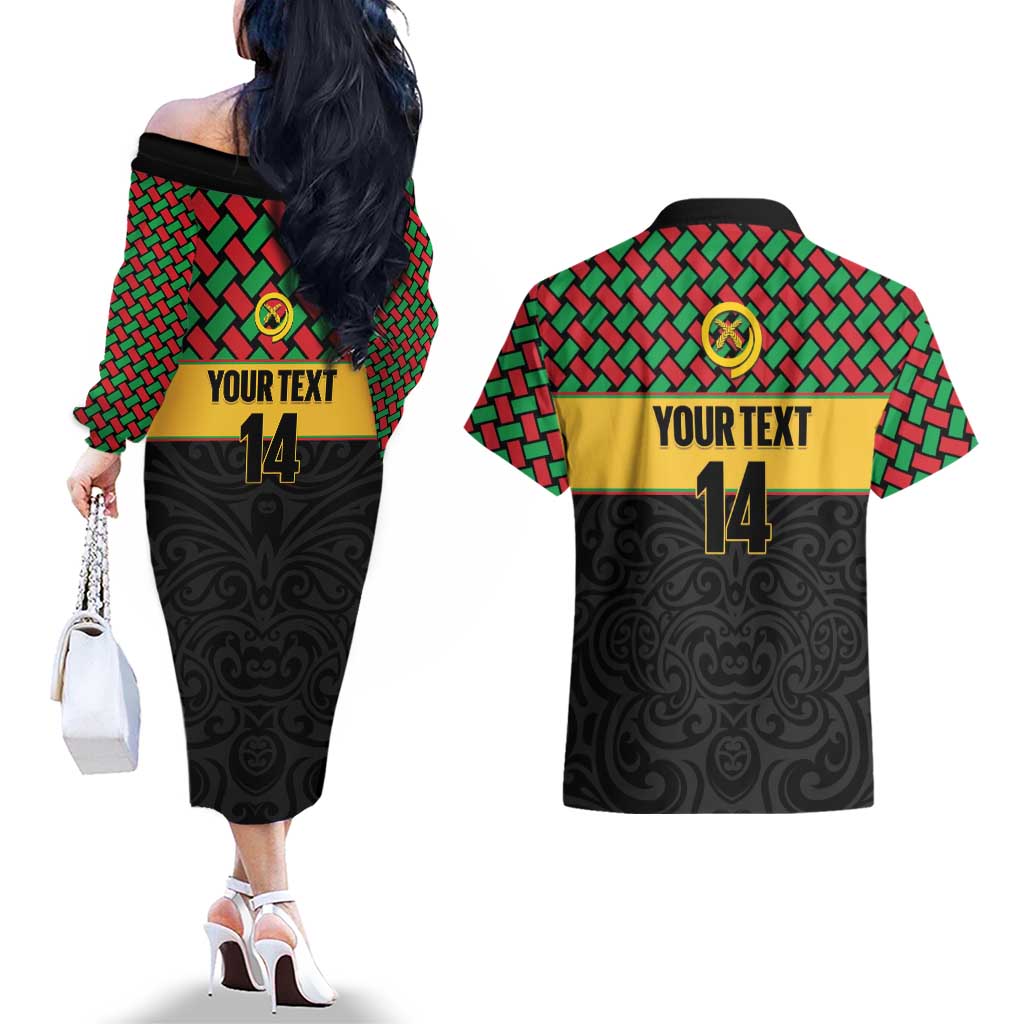 Vanuatu Football Custom Couples Matching Off The Shoulder Long Sleeve Dress and Hawaiian Shirt Go Chiefs Basket-weave Pattern