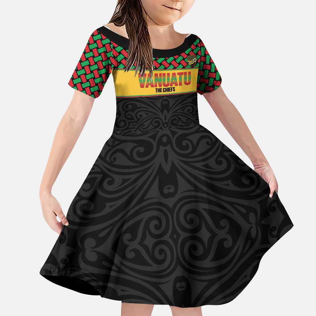 Vanuatu Football Custom Family Matching Off The Shoulder Long Sleeve Dress and Hawaiian Shirt Go Chiefs Basket-weave Pattern LT14 Daughter's Dress Black - Polynesian Pride