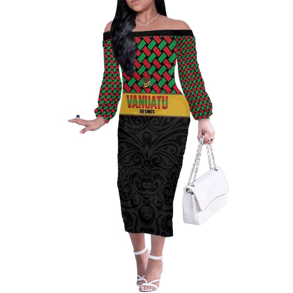 Vanuatu Football Custom Family Matching Off The Shoulder Long Sleeve Dress and Hawaiian Shirt Go Chiefs Basket-weave Pattern LT14 Mom's Dress Black - Polynesian Pride