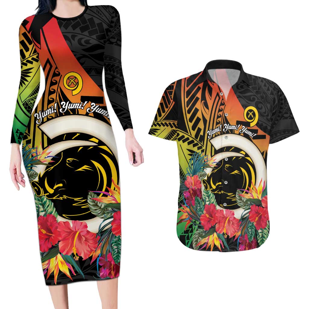 Vanuatu Boar Tusk Yumi Yumi Yumi Couples Matching Long Sleeve Bodycon Dress and Hawaiian Shirt Independens Dei Long God Yumi Stanap