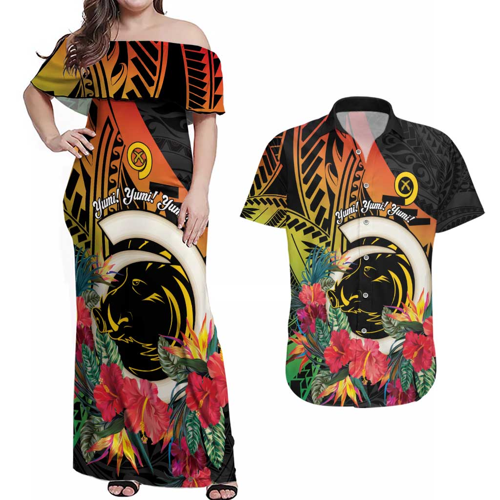 Vanuatu Boar Tusk Yumi Yumi Yumi Couples Matching Off Shoulder Maxi Dress and Hawaiian Shirt Independens Dei Long God Yumi Stanap