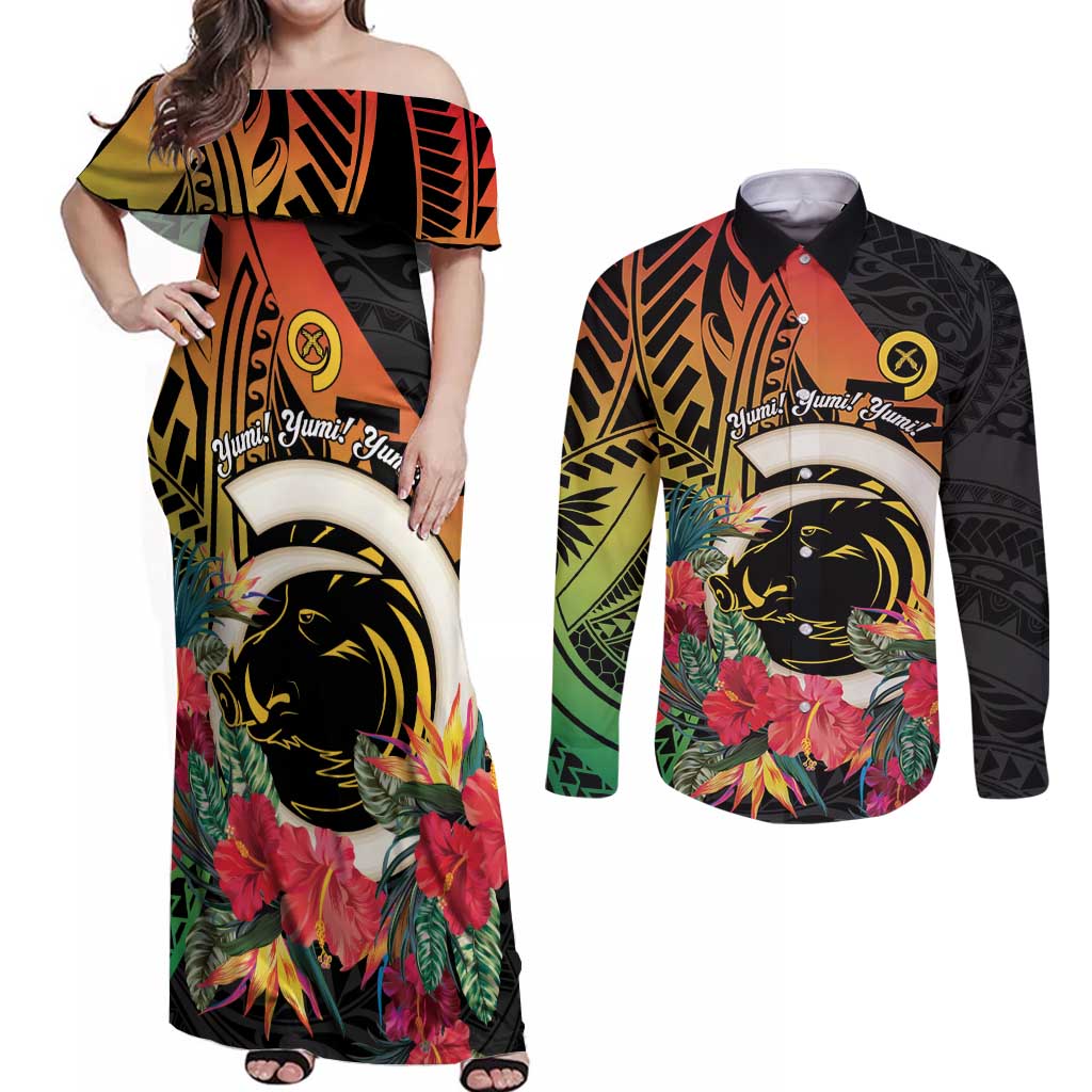Vanuatu Boar Tusk Yumi Yumi Yumi Couples Matching Off Shoulder Maxi Dress and Long Sleeve Button Shirt Independens Dei Long God Yumi Stanap