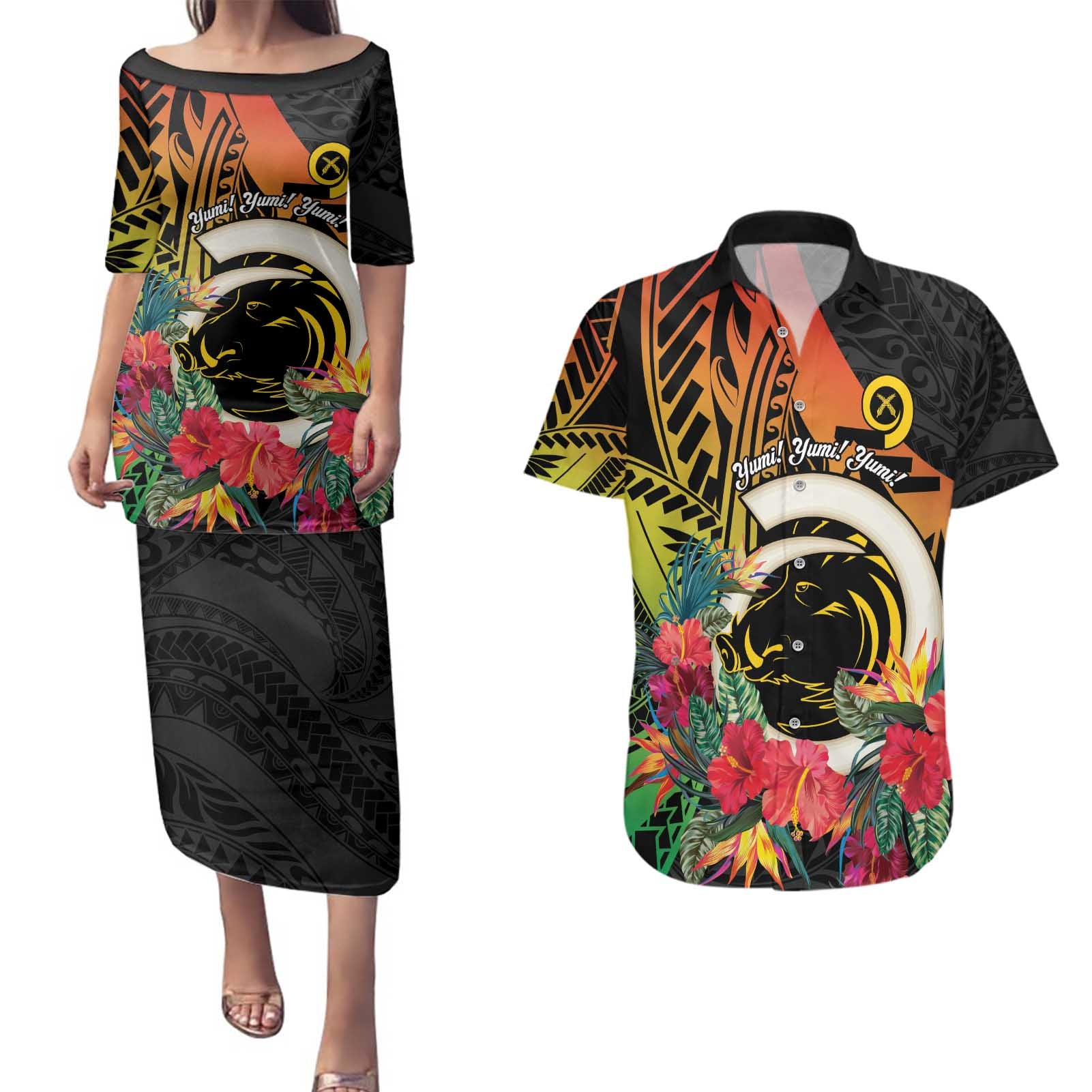 Vanuatu Boar Tusk Yumi Yumi Yumi Couples Matching Puletasi and Hawaiian Shirt Independens Dei Long God Yumi Stanap