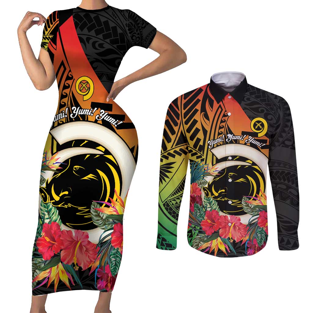 Vanuatu Boar Tusk Yumi Yumi Yumi Couples Matching Short Sleeve Bodycon Dress and Long Sleeve Button Shirt Independens Dei Long God Yumi Stanap