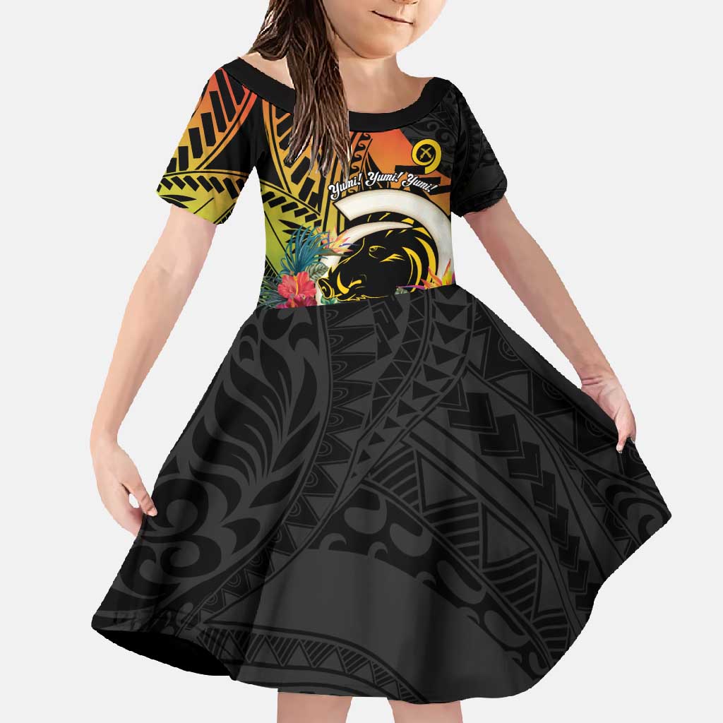 Vanuatu Boar Tusk Yumi Yumi Yumi Family Matching Long Sleeve Bodycon Dress and Hawaiian Shirt Independens Dei Long God Yumi Stanap LT14 Daughter's Dress Black - Polynesian Pride