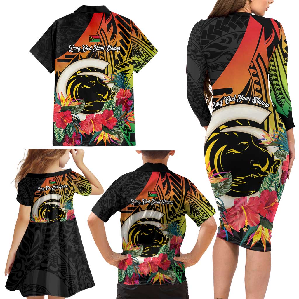 Vanuatu Boar Tusk Yumi Yumi Yumi Family Matching Long Sleeve Bodycon Dress and Hawaiian Shirt Independens Dei Long God Yumi Stanap LT14 - Polynesian Pride