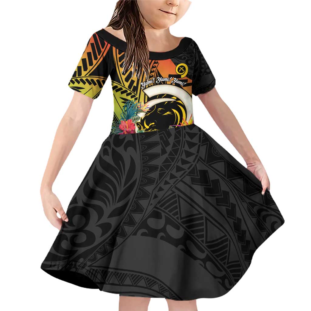 Vanuatu Boar Tusk Yumi Yumi Yumi Family Matching Off Shoulder Short Dress and Hawaiian Shirt Independens Dei Long God Yumi Stanap LT14 Daughter's Dress Black - Polynesian Pride