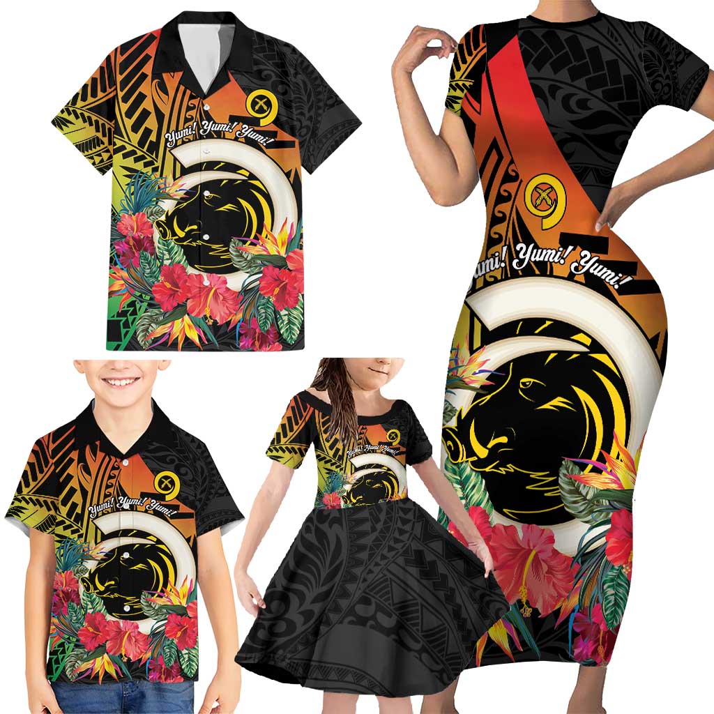 Vanuatu Boar Tusk Yumi Yumi Yumi Family Matching Short Sleeve Bodycon Dress and Hawaiian Shirt Independens Dei Long God Yumi Stanap