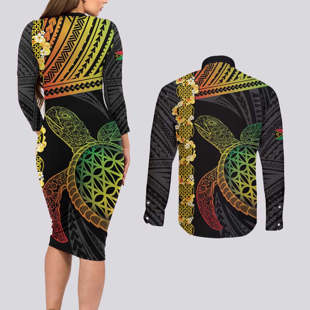 Vanuatu Sand Drawing Turtle Couples Matching Long Sleeve Bodycon Dress and Long Sleeve Button Shirt Happy Independence Day