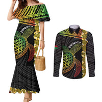Vanuatu Sand Drawing Turtle Couples Matching Mermaid Dress and Long Sleeve Button Shirt Happy Independence Day
