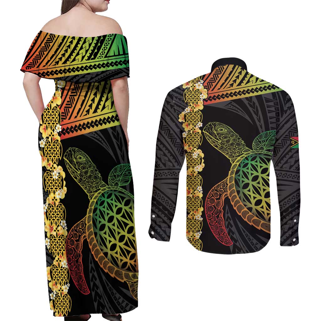 Vanuatu Sand Drawing Turtle Couples Matching Off Shoulder Maxi Dress and Long Sleeve Button Shirt Happy Independence Day