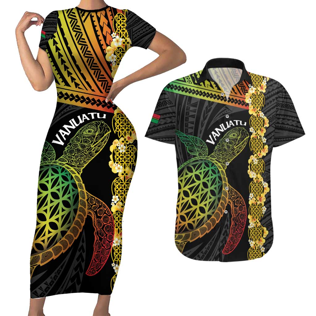 Vanuatu Sand Drawing Turtle Couples Matching Short Sleeve Bodycon Dress and Hawaiian Shirt Happy Independence Day