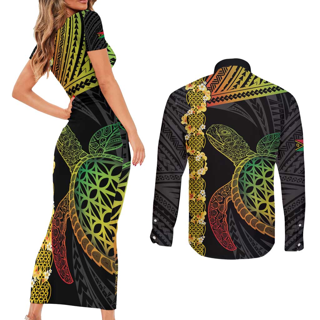 Vanuatu Sand Drawing Turtle Couples Matching Short Sleeve Bodycon Dress and Long Sleeve Button Shirt Happy Independence Day