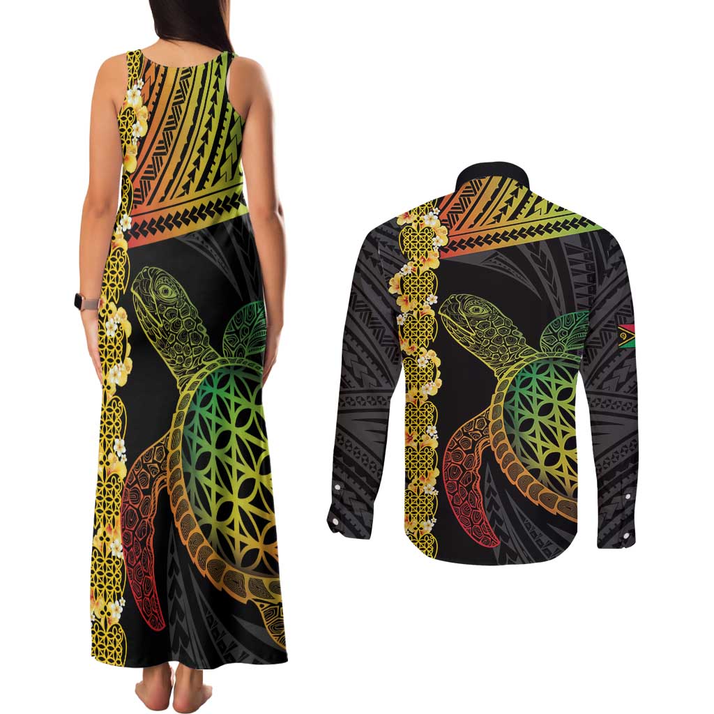 Vanuatu Sand Drawing Turtle Couples Matching Tank Maxi Dress and Long Sleeve Button Shirt Happy Independence Day