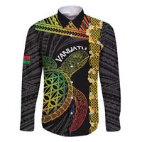 Vanuatu Sand Drawing Turtle Family Matching Long Sleeve Bodycon Dress and Hawaiian Shirt Happy Independence Day LT14 Dad's Shirt - Long Sleeve Black - Polynesian Pride