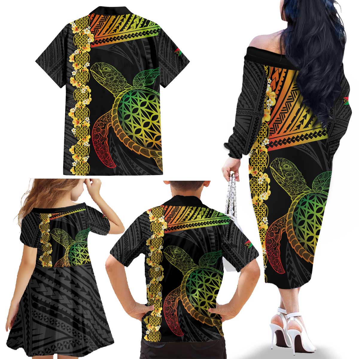 Vanuatu Sand Drawing Turtle Family Matching Off The Shoulder Long Sleeve Dress and Hawaiian Shirt Happy Independence Day