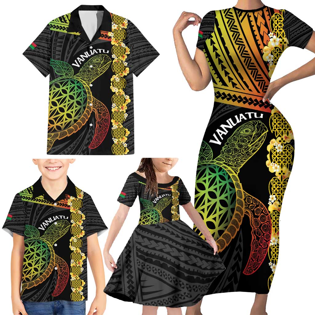 Vanuatu Sand Drawing Turtle Family Matching Short Sleeve Bodycon Dress and Hawaiian Shirt Happy Independence Day