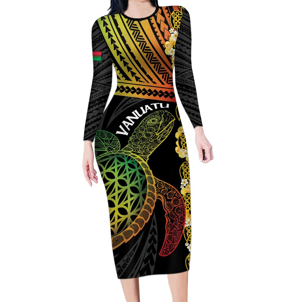 Vanuatu Sand Drawing Turtle Long Sleeve Bodycon Dress Happy Independence Day