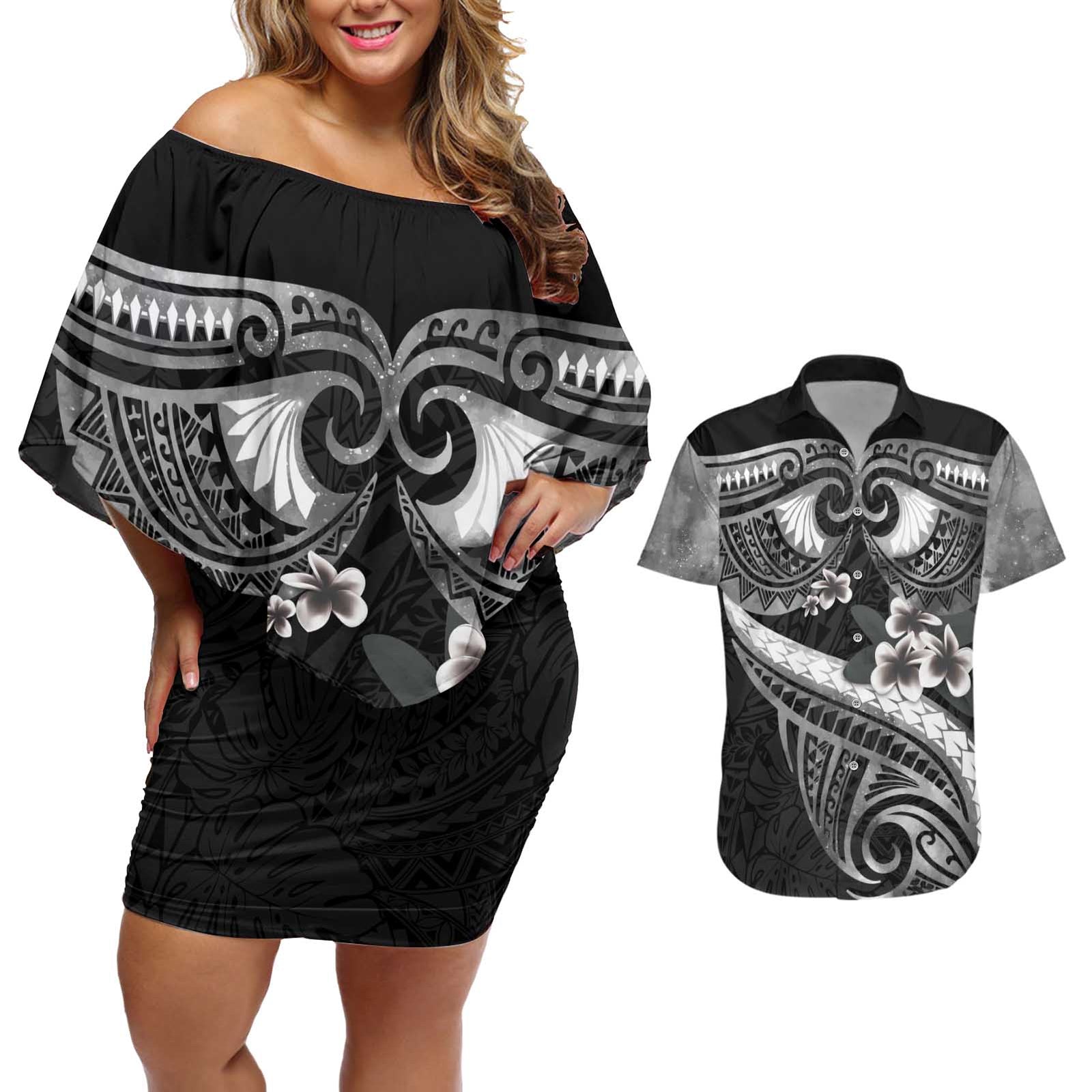 Black Polynesia Couples Matching Off Shoulder Short Dress and Hawaiian Shirt Tribal Pattern Tropical Frangipani
