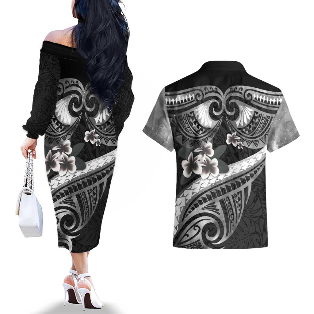 Black Polynesia Couples Matching Off The Shoulder Long Sleeve Dress and Hawaiian Shirt Tribal Pattern Tropical Frangipani
