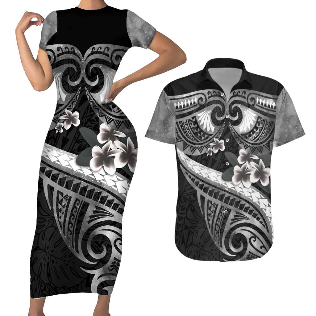 Black Polynesia Couples Matching Short Sleeve Bodycon Dress and Hawaiian Shirt Tribal Pattern Tropical Frangipani LT14 Black - Polynesian Pride